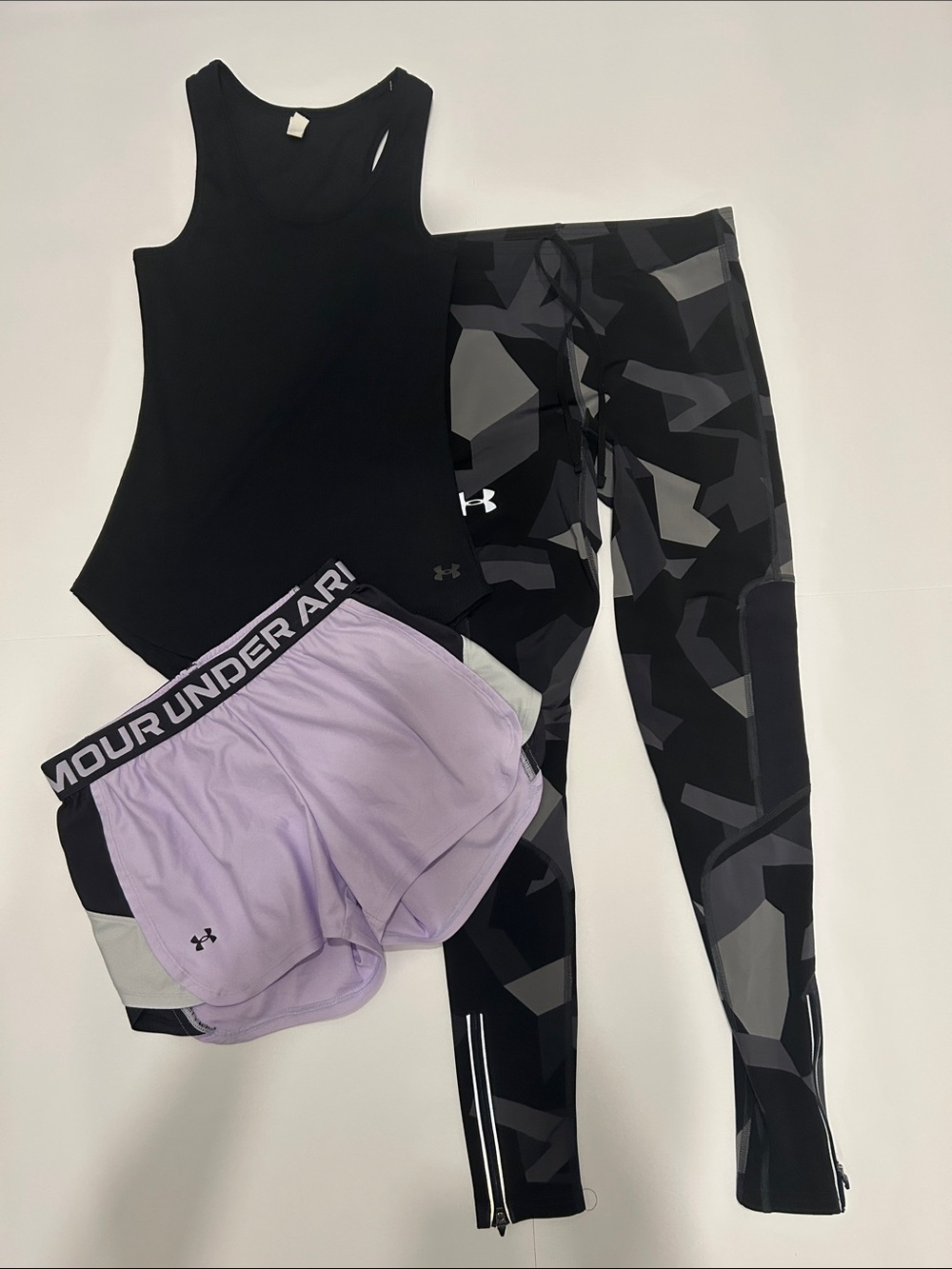 Under Armour Black Tank, Gray Camo Leggings & Lilac Running Shorts